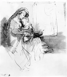 Mor och barn, ca 1638 (penna, bläck och tvätt på papper)